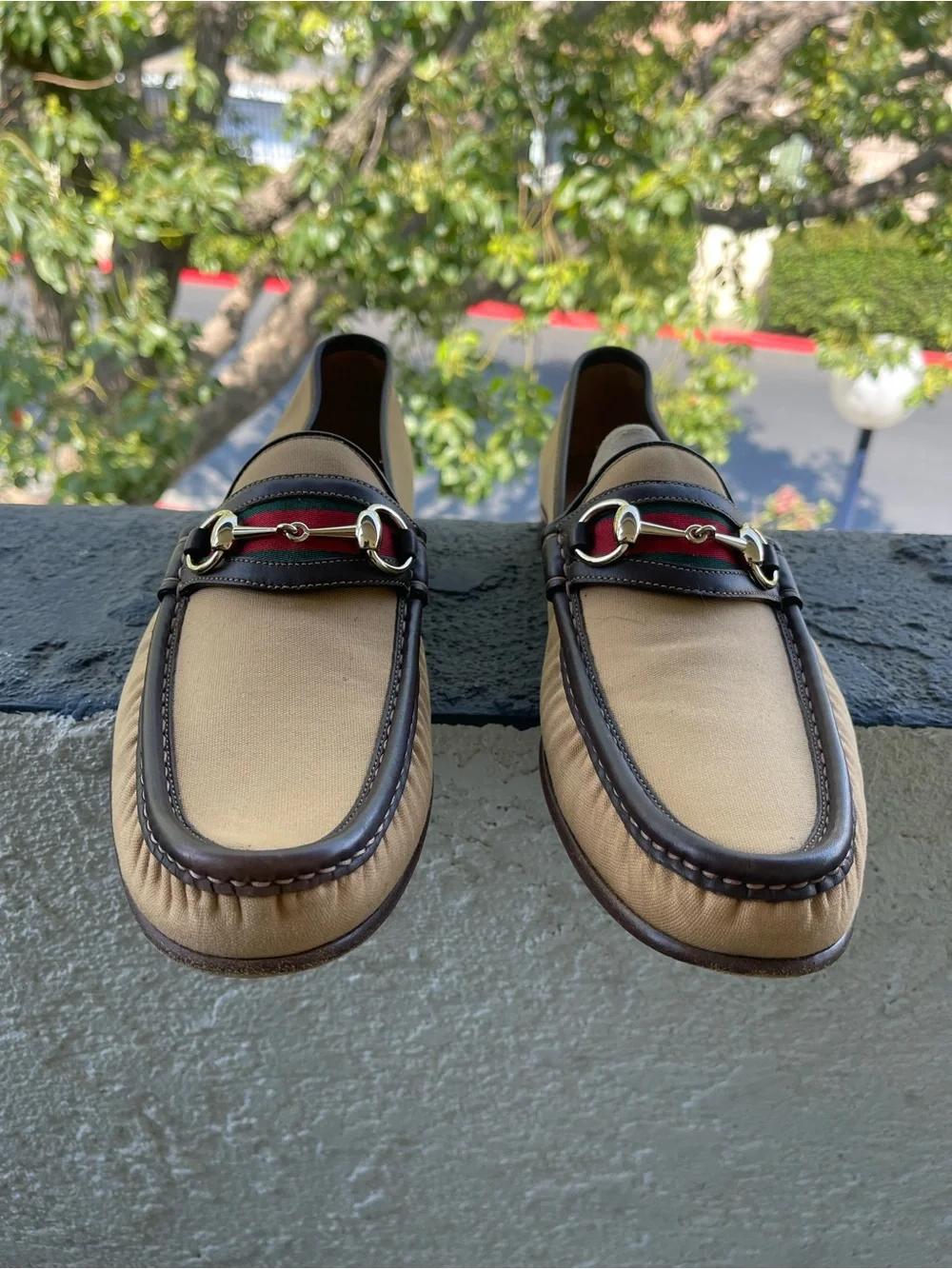 Gucci Beige Canvas and Brown Leather Horsebit Loafers with Red-Green Web